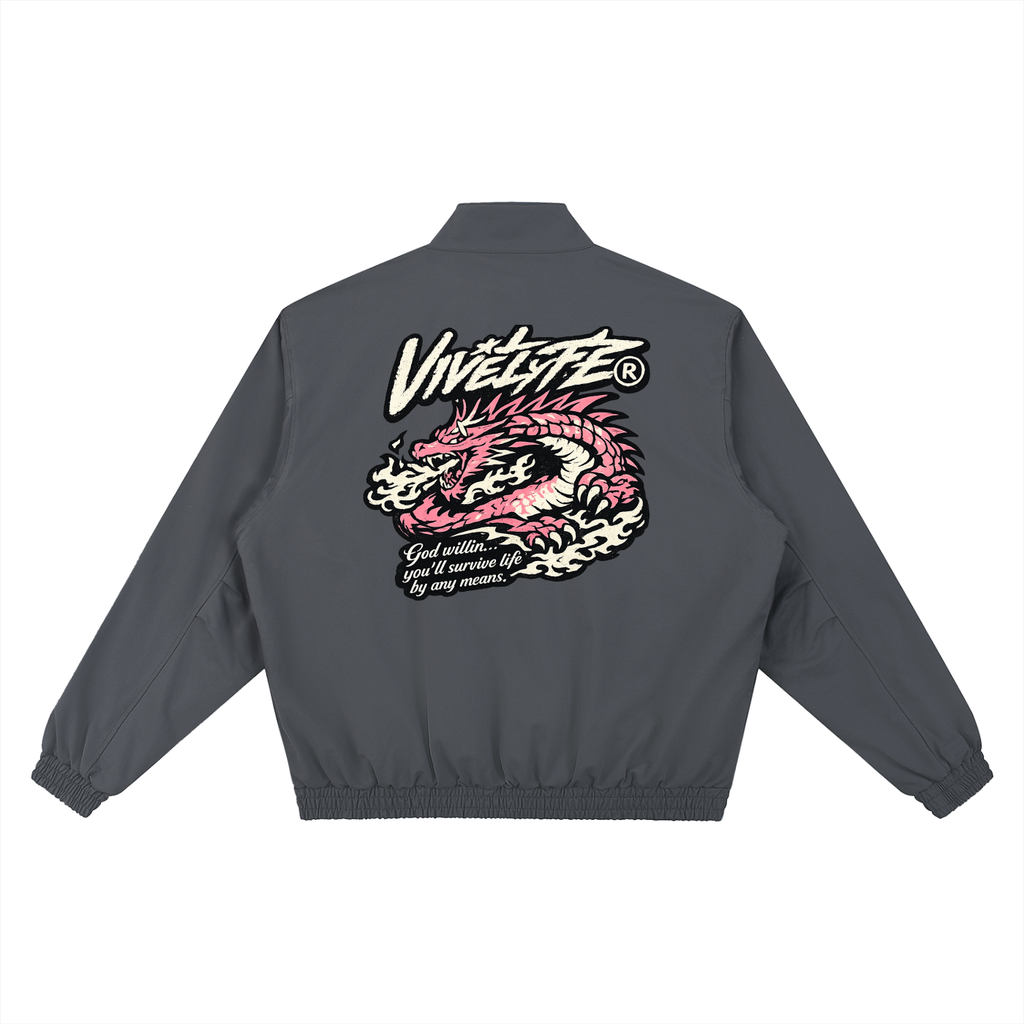 vive lyfe,heritage,gods will,stand,collar,unisex,bomber,jacket,dragon,fire