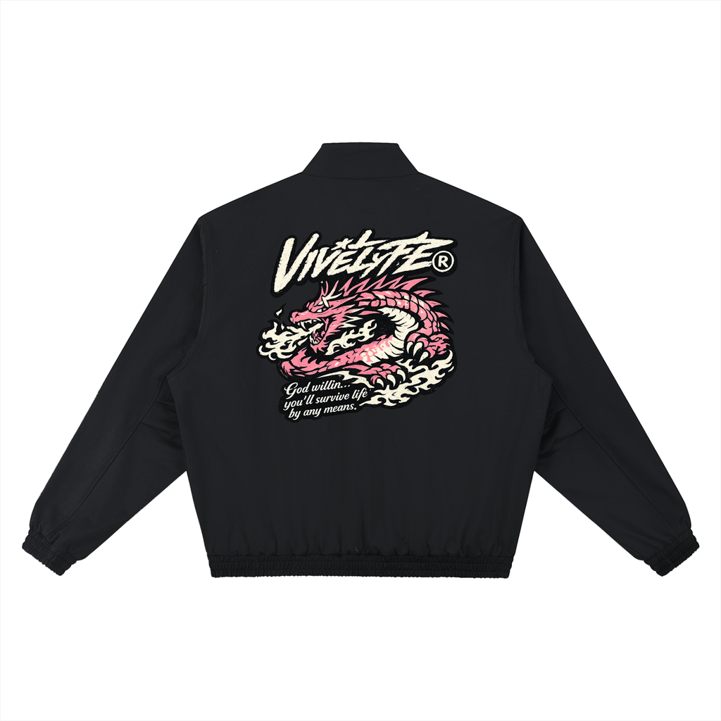 vive lyfe,heritage,gods will,stand,collar,unisex,bomber,jacket,dragon,fire