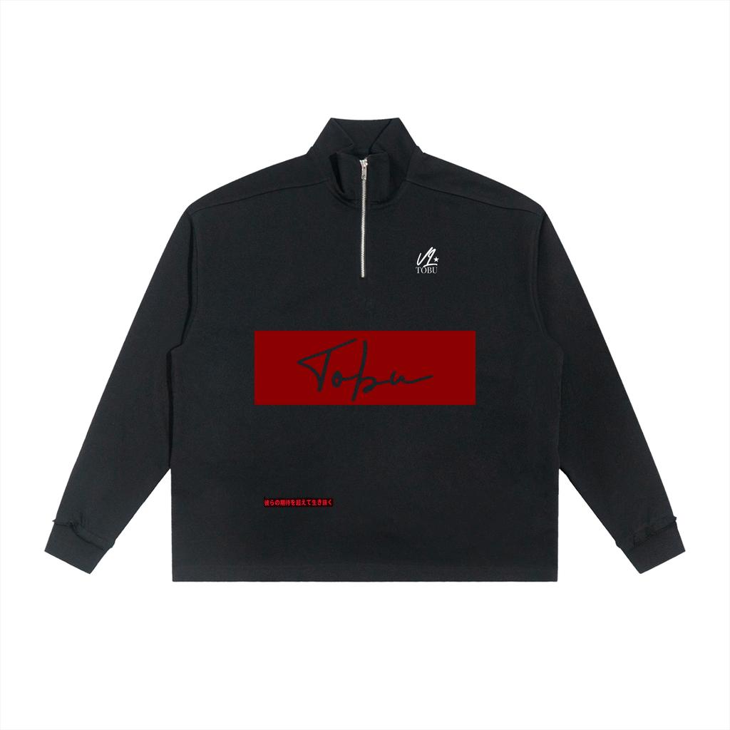 vl,tobu,red,banned,half zip,fleece,sweatshirt,fly,rolled edge,unisex