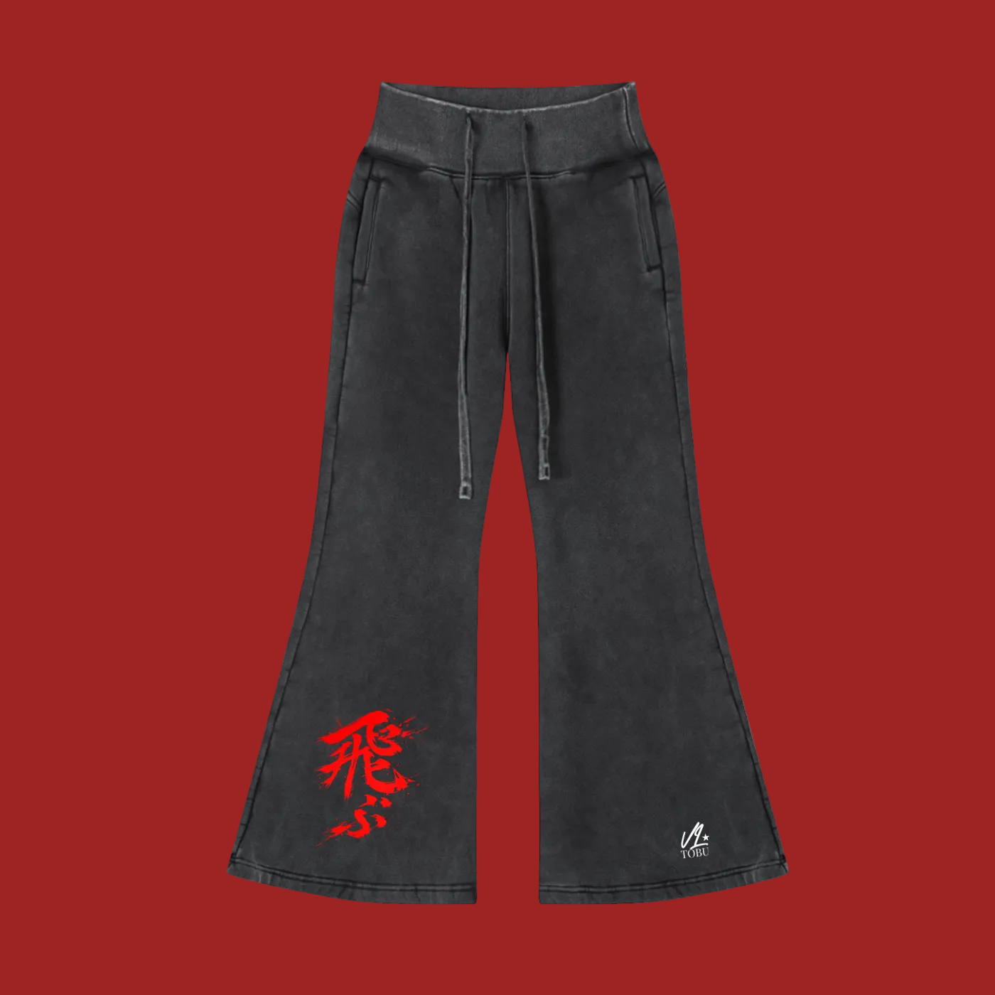 vl,tobu,steller's,perch,vintage,wash,flared,fleece,pants,red