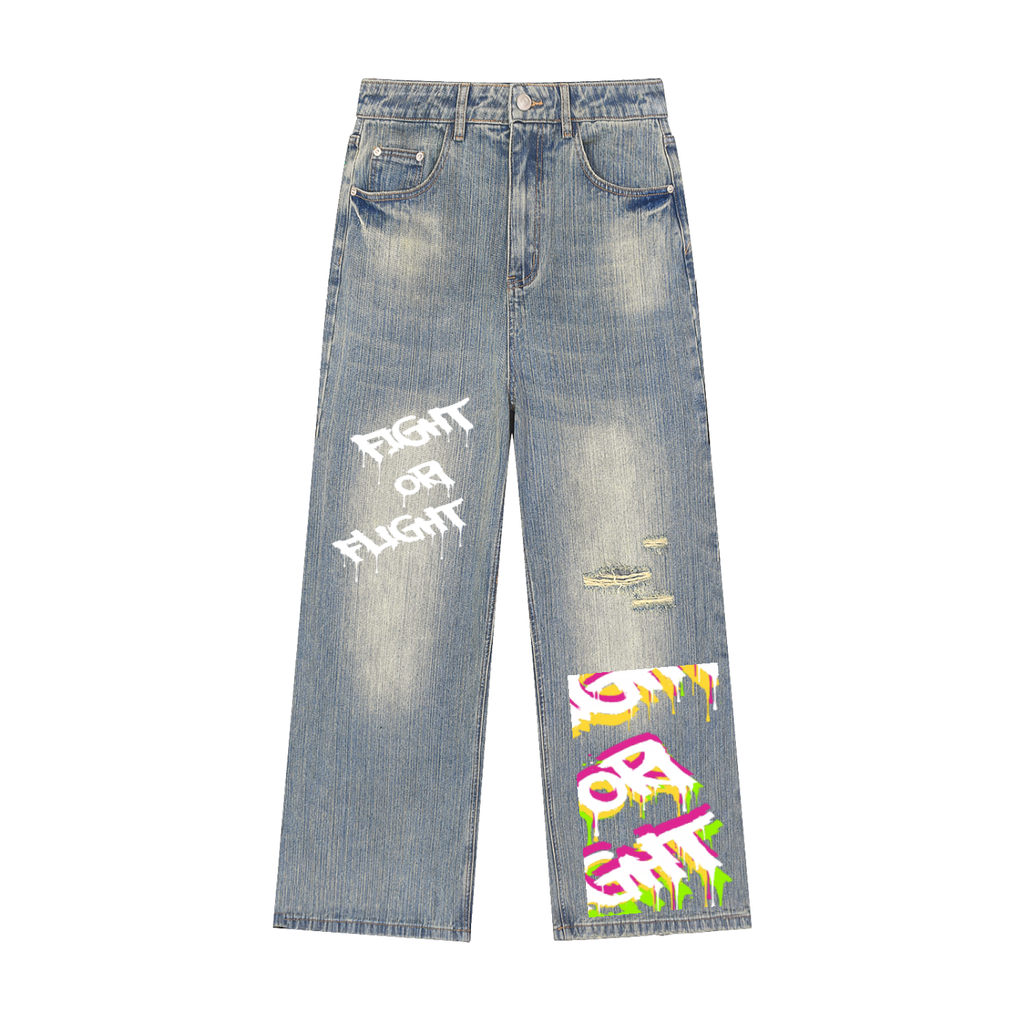 vive lyfe,denim,jeans,vintage,wash,distressed,splat,fight,flight,vive